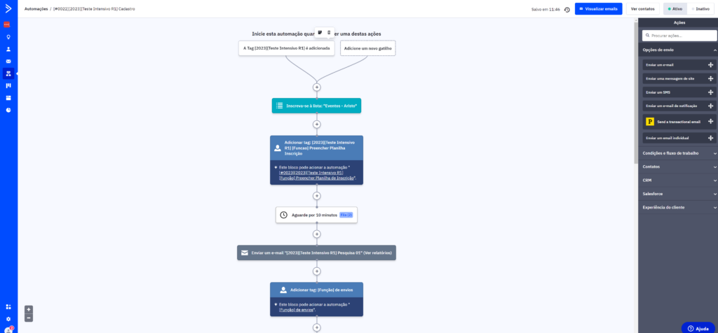 Interface de automação no ActiveCampaign.